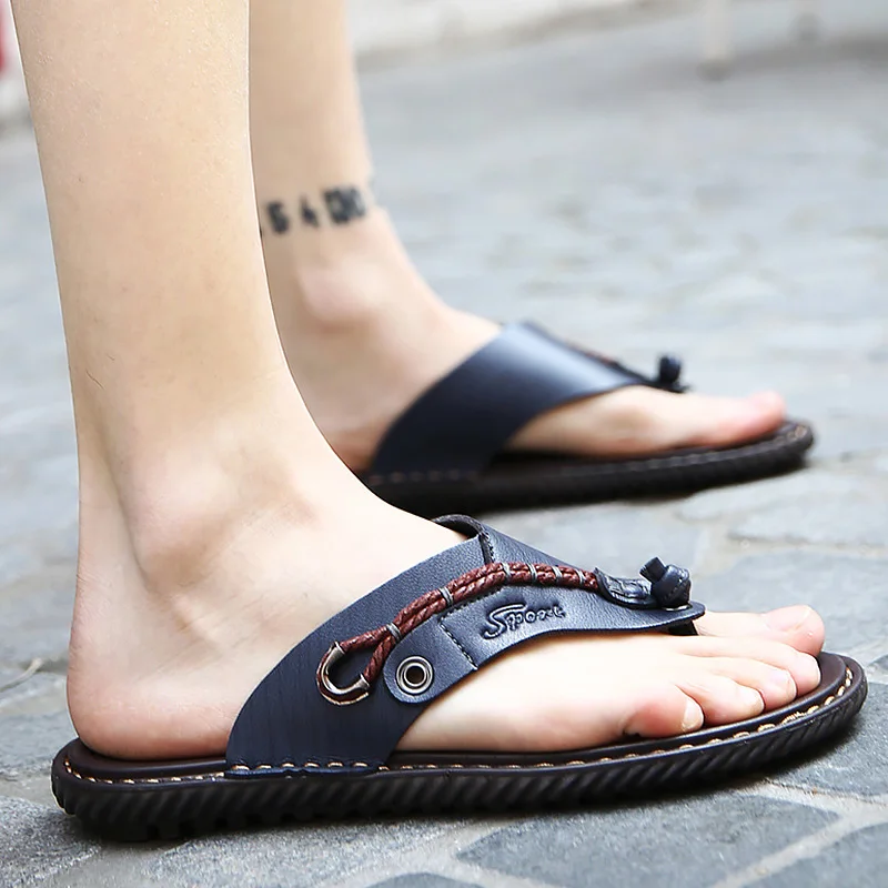 

Genuine Leather Men's Slippers Summer Plus Size 45-47 Comfortable Flip Flops Men Solid Inside Shoes+male Chanclas Verano