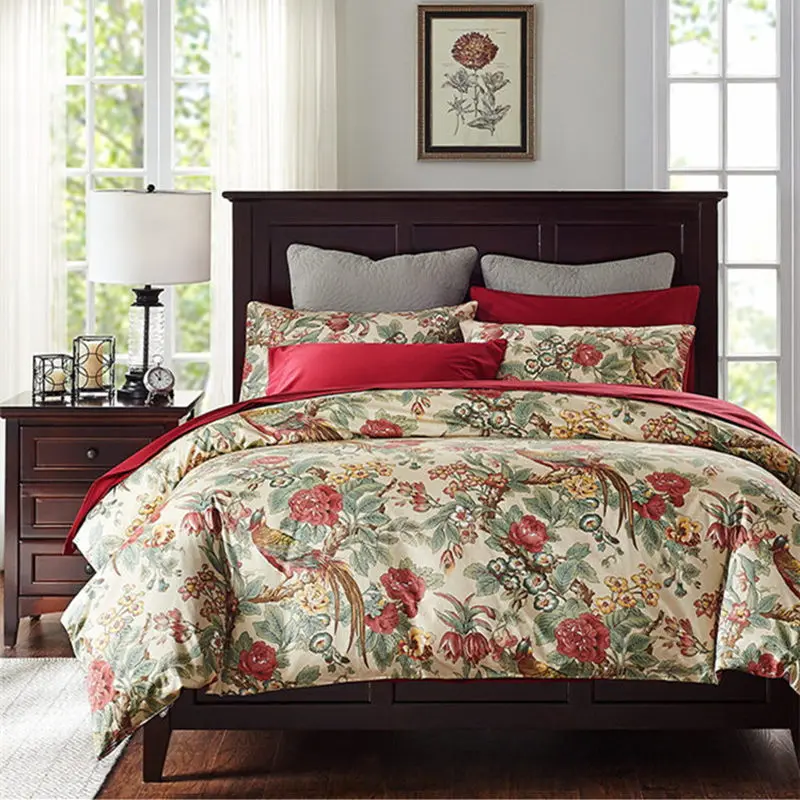 

New American Style Vintage Bedding Set Rich Bird Print Bedding Satin 100% Cotton Duvet Cover Wrinkle Red Bed Sheet Bed Skirt