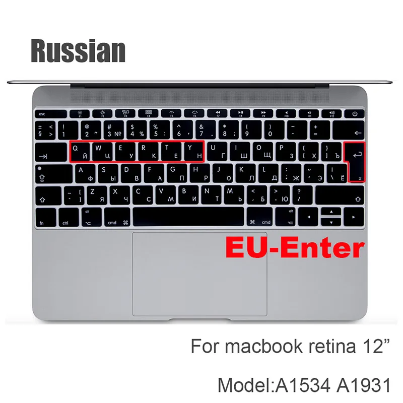 Русский ЕС и США-введите Клавиатура Обложка протектор для Macbook Pro 13Air 11 12 15 Сенсорная панель Модель A1706/A1466 A1707/A1990/A1398/A1534 - Цвет: retina 12 EU-Enter