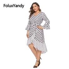 Polka Dot Sashes Dress Women European Style Vestidos Plus Size V-neck Casual Flare Sleeve Ruffles Mermaid Trumpet Dress SQQ1931 plus trumpet sleeve flare floral dress