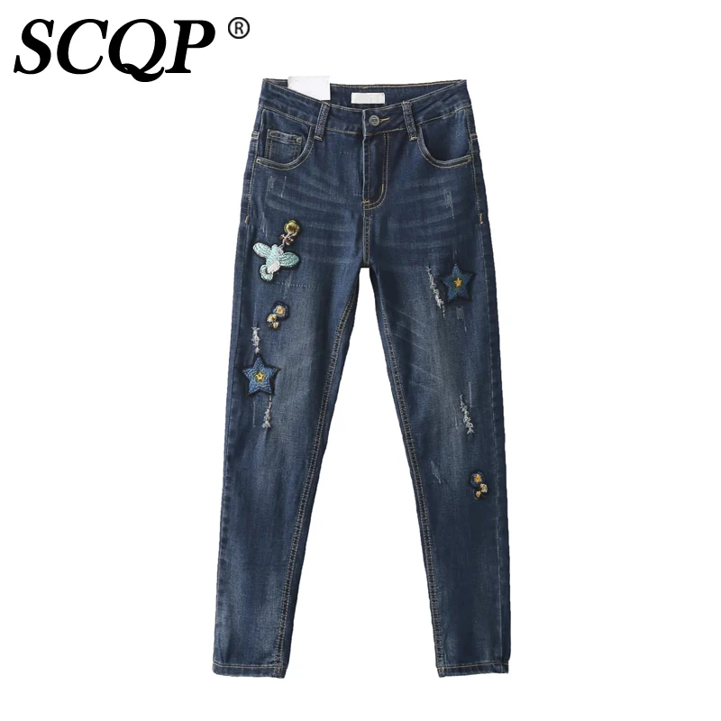 

SCQP Floral Bird Embroidery Cartoon Women Ripped Jeans Fashion Ladies Elegant Denim Pants Women Autumn Casual 2016 Womans Jeans