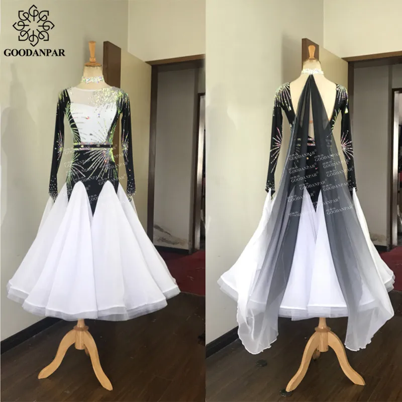 

GOODANPAR Stretch Velvet Mesh Ballroom Dance Dress Competition Women Girls With Float Bodysuit Bra Waltz Costume Dance Clothes