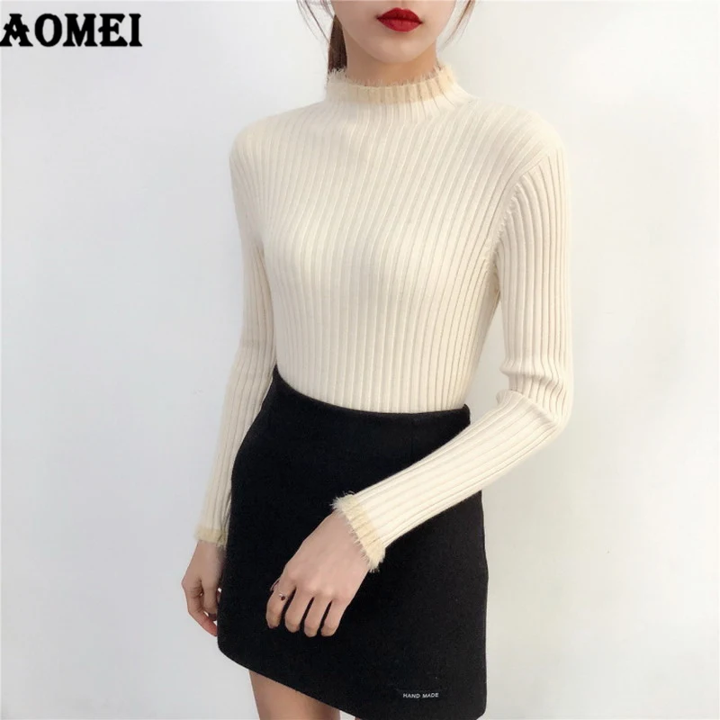 

Women Knitted Basic Tops Sweater Pullovers Solid Girls Slim Elegant Office Ladies Autumn Fall Casual Simple Style Korean Fashion