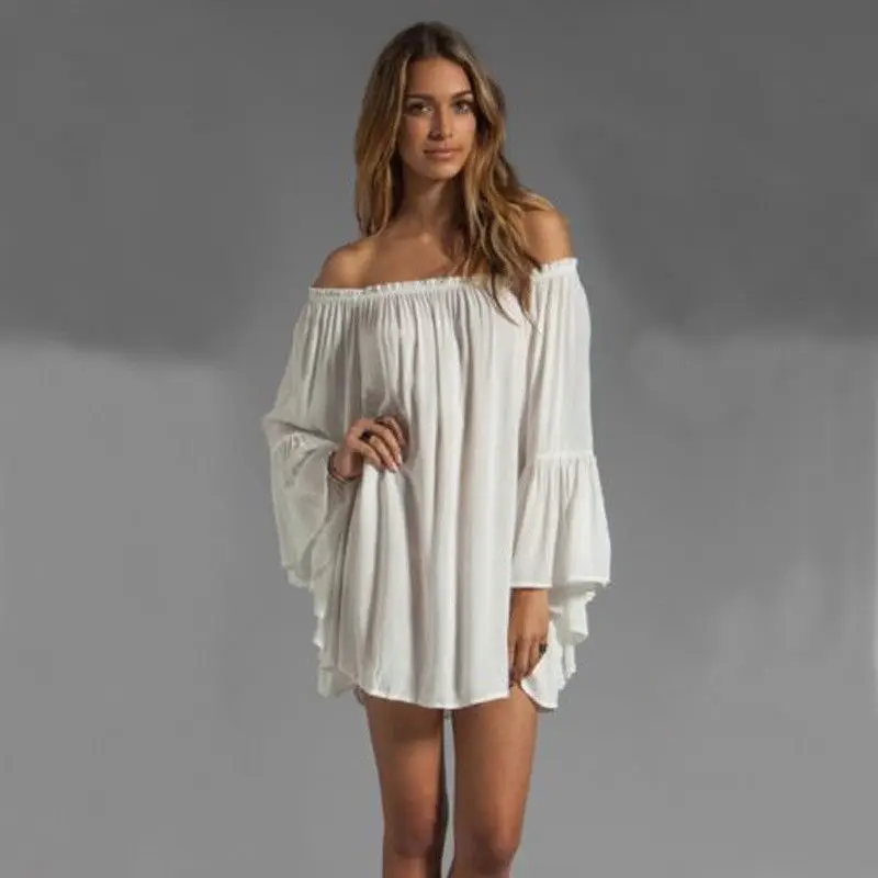 Women Bell Sleeve Beach Cover Up Beach Dress Off Shoulder Sundress ...