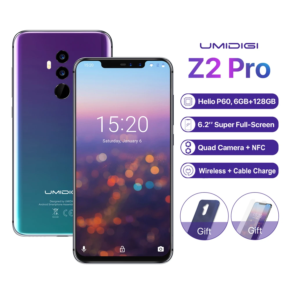 UMIDIGI Z2 Pro, круглые полосы 19:9, 6,2 дюйма, 6 ГБ+ 128 ГБ, Восьмиядерный процессор Helio P60, 2,0 ГГц, Беспроводная зарядка, Android 8,1, разблокировка лица, мобильный телефон, NFC