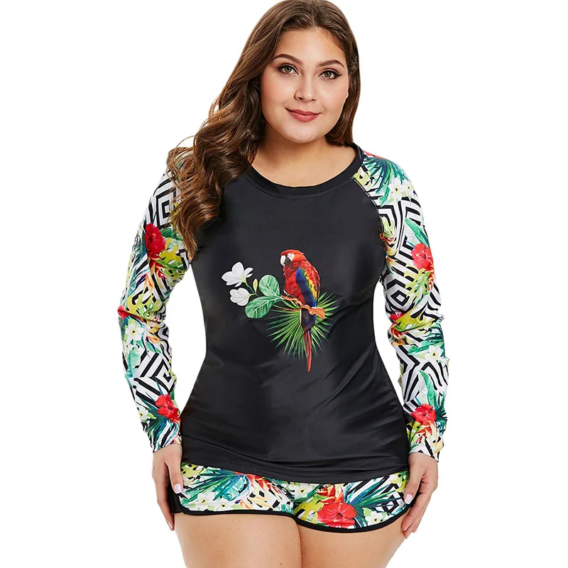 Plus Size Parrot and Floral Print Long Sleeve Surf Bathing Swim Suit