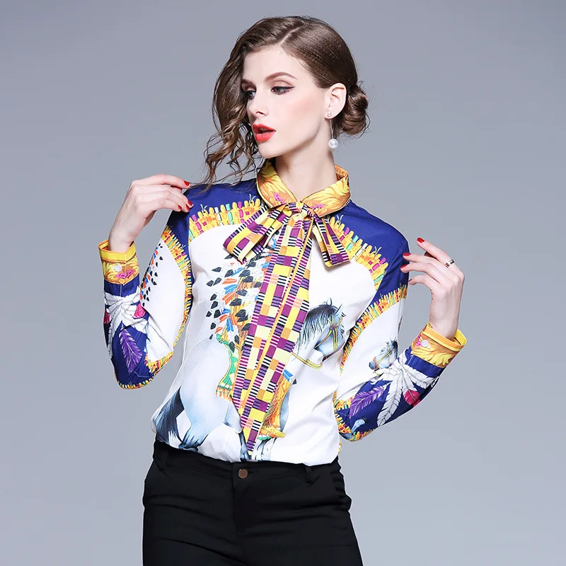 

Ladies Long Sleeve Casual Shirt Animal Pattern Turn-down Collar Blouse Office Elegant Women Tops Bow Decoration N1049 613