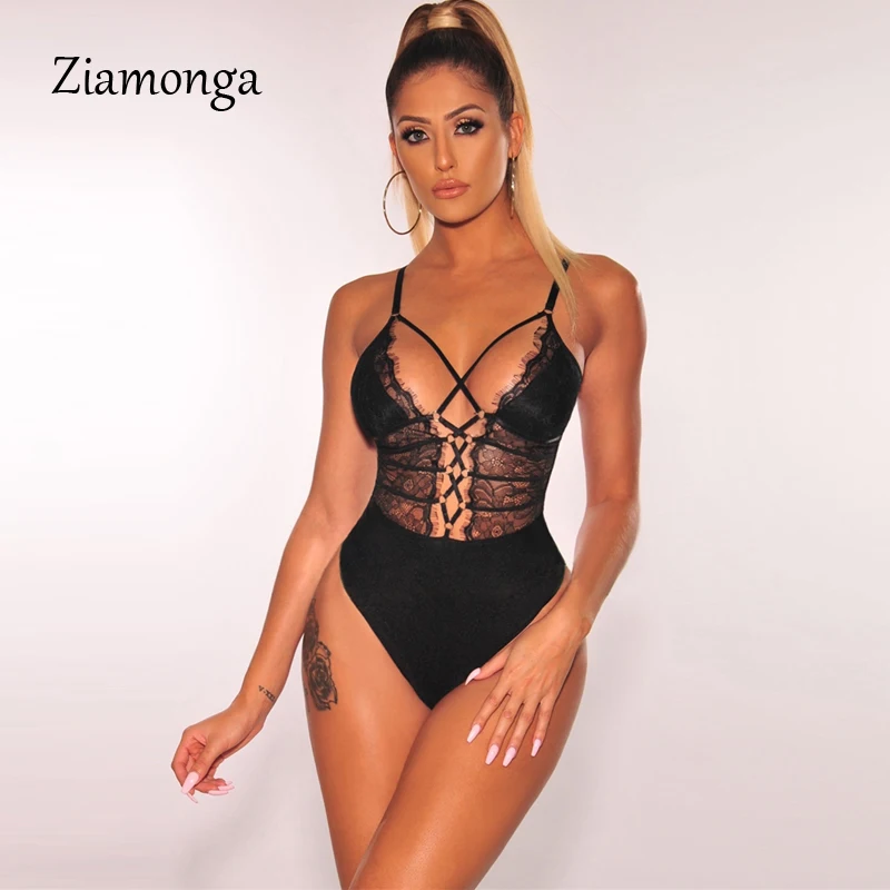 

Ziamonga Hollow Out Sexy V Neck Lace Bodysuit Sleeveless One Piece Body Feminino Romantic Sheer Teddy Fashion Black Bodysuits
