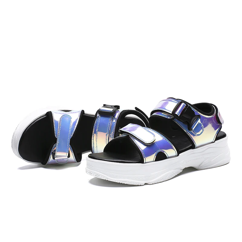 ERNESTNM 2019 New Women Chunky Sandals Bling Sequined Wedges Buckle Strap Platform Shoes 5CM Summer Sandals Pink Glitter Shoes