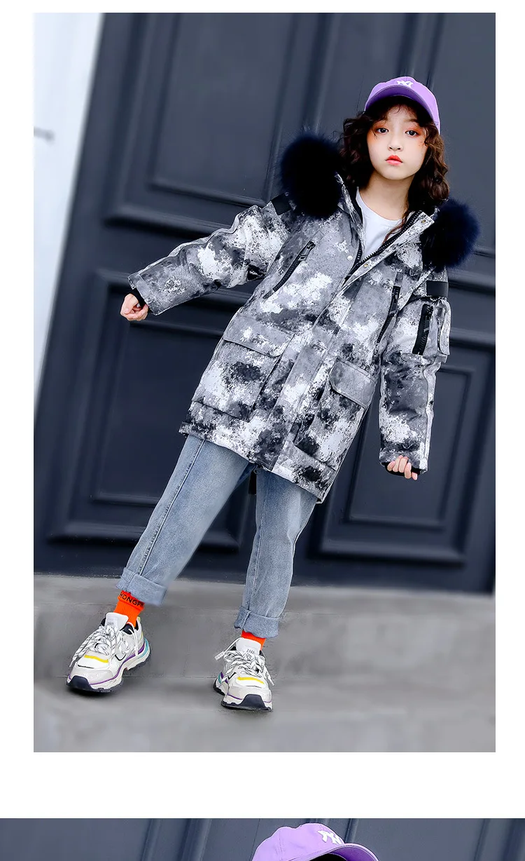 Детский пуховик г., Детская куртка-пуховик в Корейском стиле для мальчиков и девочек, крутая камуфляжная куртка на утином пуху с большим меховым воротником, верхняя одежда
