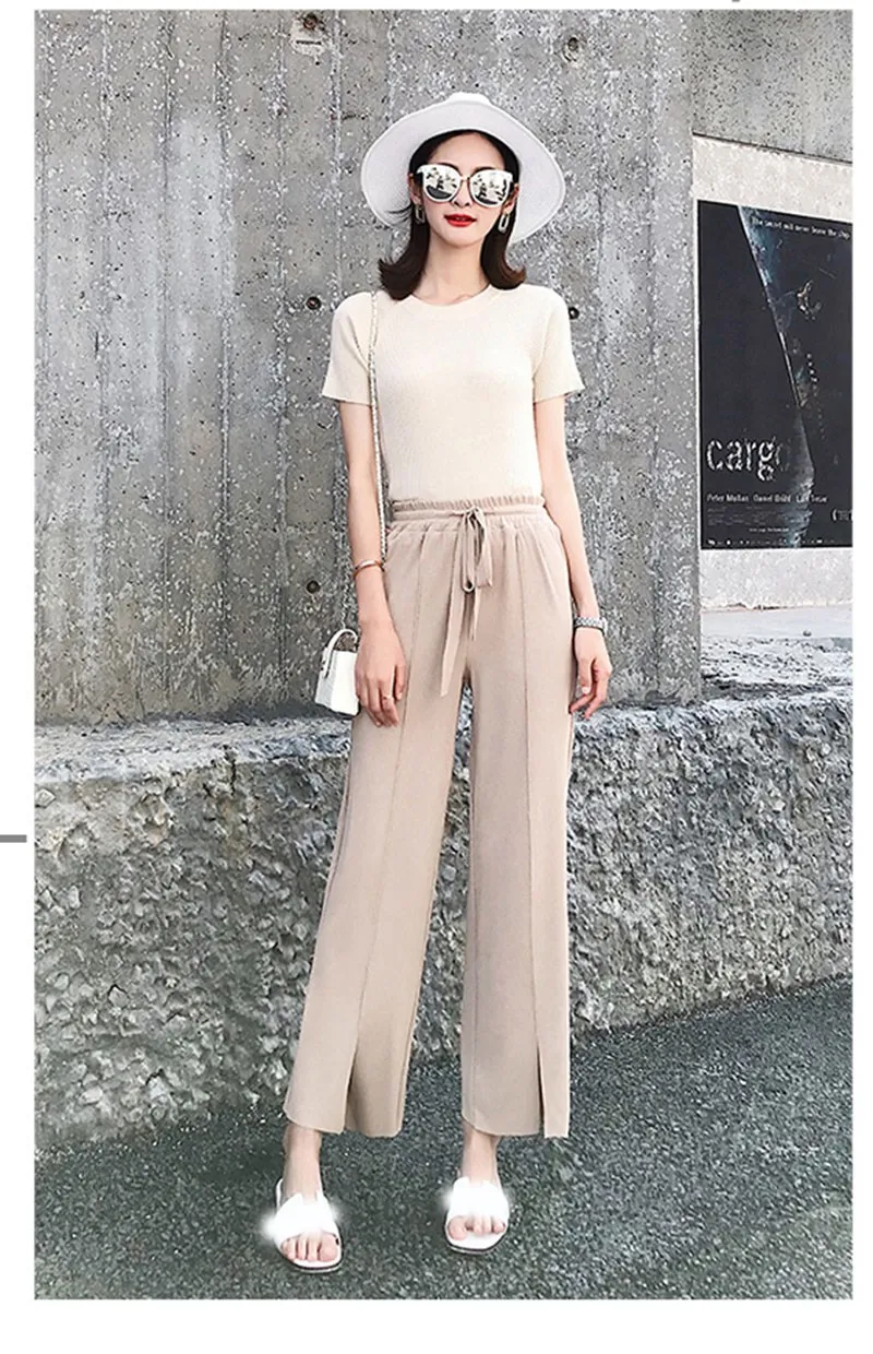 Мода 2019 летние женские шелковые трикотажные однотонные широкие брюки с эластичной высокой талией повседневные брюки со шнуровкой