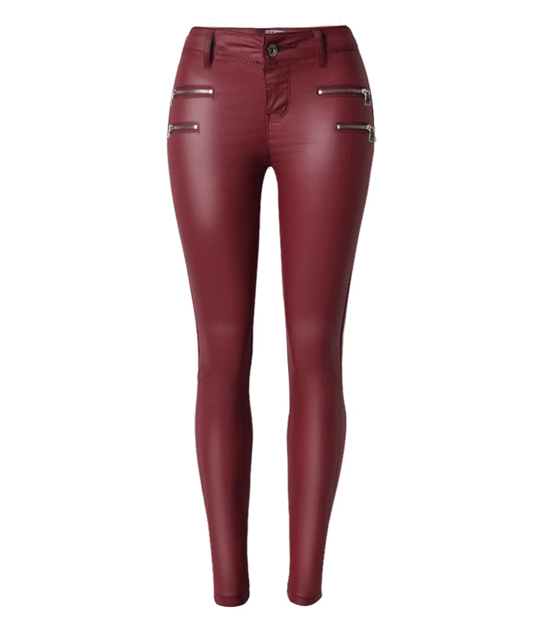 Брюки из искусственной кожи с низкой талией, женские обтягивающие джинсы с двойной молнией, женские стрейчевые штаны с эффектом пуш-ап, женские брюки цвета красного вина