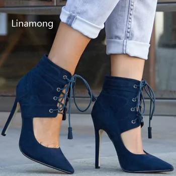 

Women Suede Ankle Lace-Up Boots Cut Out Gladiator Pointed Toe Pumps High Heel Stiletto Short Women Boots Elegant Style