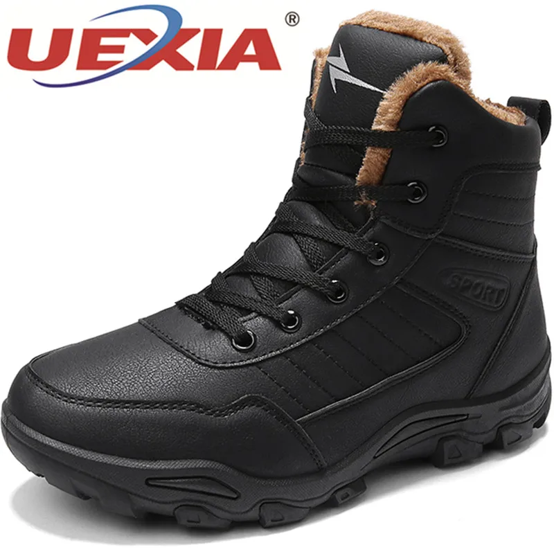

UEXIA Cheapest Winter Boots Men Shoes Fashion Fur Plush Flock Winter Shoes Men Leather Ankle Warm Casual Footwear Plus Big Size
