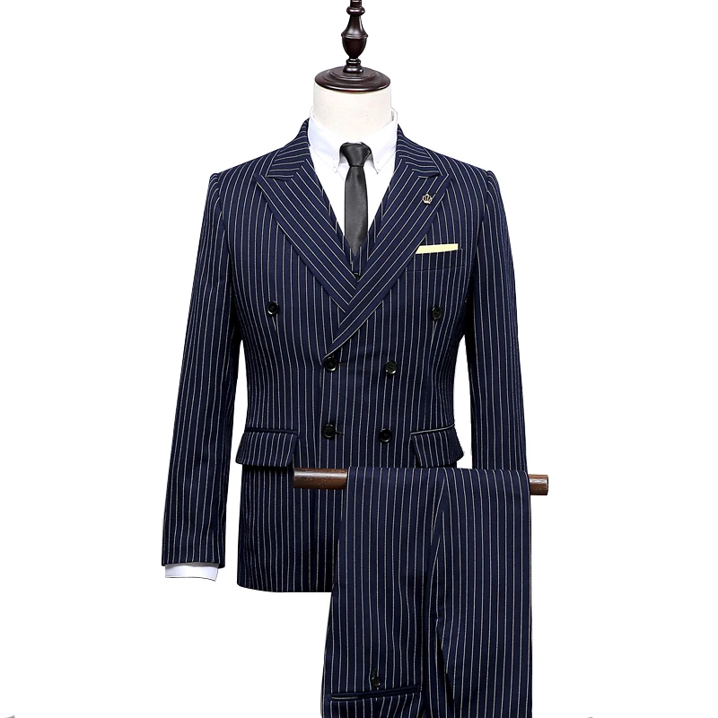 

OSCN7 Double-breasted Peak Lapel Stripe Tailor Made Suits Men 3 Piece Wedding Custom Made Mens Suit Blazer Customize 5812-1