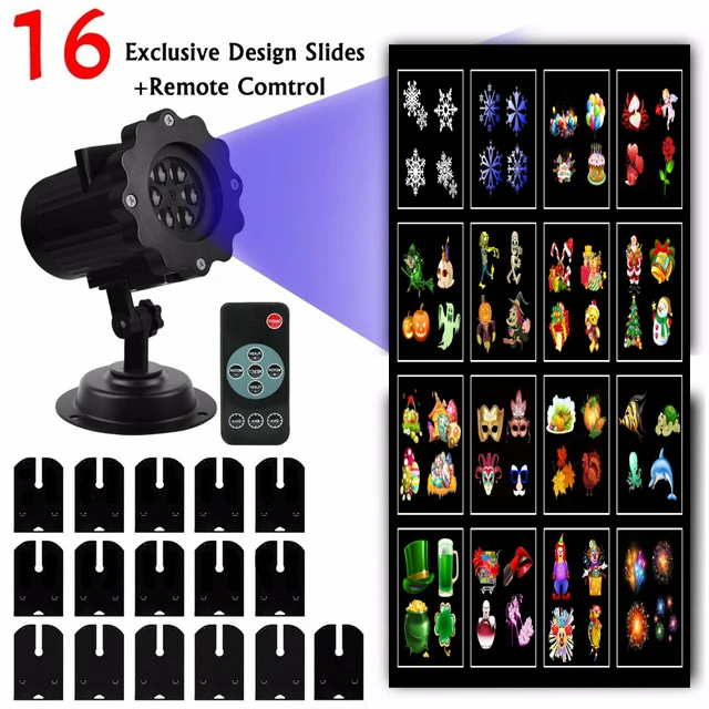 

Slong Light LED Projector Lights 16 Replaceable Slides Night Lamp Halloween Projector Rotating LED Landscape Lamp+IR Controller