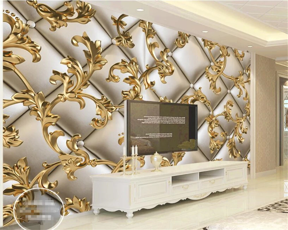 

High quality 3D wallpaper soft package golden European style TV background wall wall papers home decor papel de parede beibehang