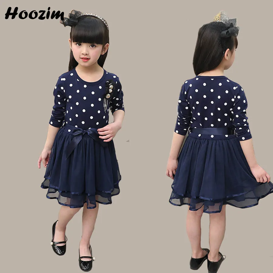 

Spring Kids Girls Dress Long Sleeve Fashion Polka Dot Elegant Dresses For Girls Pretty Bow Flower Cotton Layered Dress Children