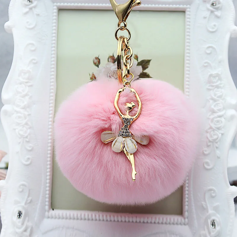 

Rhinestone ballet dancer Fur Ball Key Chain For Women Fur Pompom Keychain Trinket Charm Bag Key Ring Holder Jewelry
