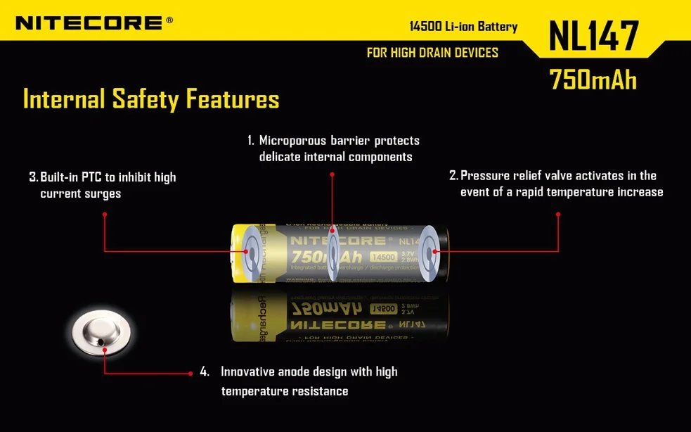 2 шт. Nitecore NL147 14500 Li-Ion Перезаряжаемые Nitecore Батарея 750 мАч 3.7 В + бесплатная доставка