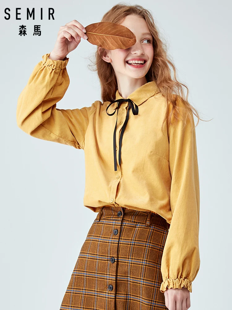 Online Camisa de manga larga SEMIR para mujer 2019 joven primavera nueva chic principios de otoño ropa cómoda blusa de algodón con lazo de pana