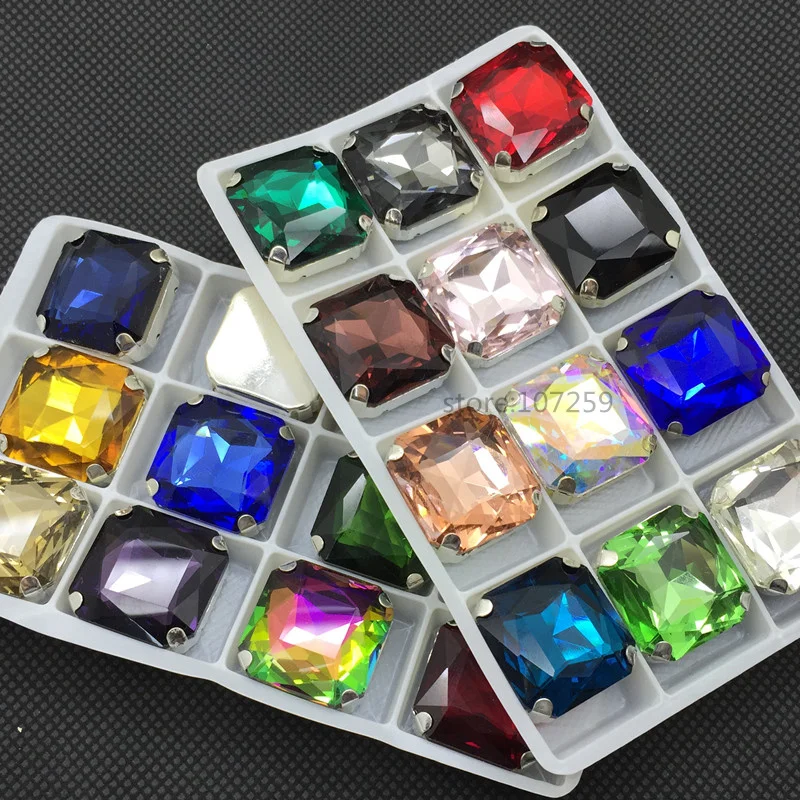 

TopStone Glass Crystal Square Sew On Rhinestone With Claw Setting Quality Multi Colors 23mm Sew-on Stone