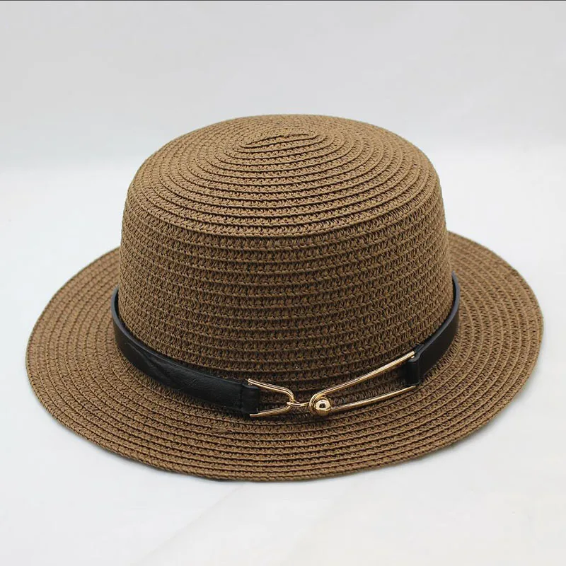 BINGYUANHAOXUAN,, летняя женская шляпа для путешествий, дикая, чистый цвет, шляпа от солнца, модная, с пряжкой, с металлическим плоским верхом, женская соломенная шляпа - Цвет: coffee