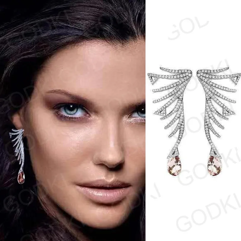 

GODKI Famous Brand Luxury Feather African Dangle Earrings For Women Wedding Cubic Zircon Crystal CZ Dubai Indian Bridal Earrings
