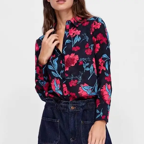 

za women froal print blouse Women's Turn-down collar Blouse blusa prints women's Flowy semi-sheer shirt with lapel collar blouse