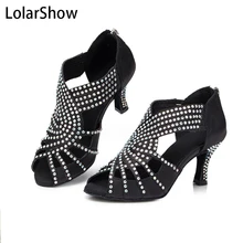 Женские черные атласные со стразами Бальные Сальса латинтанго танцевальные туфли, каблук 6 см