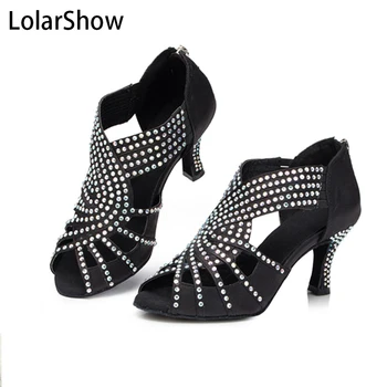 

Ladies Black Satin Rhinestone Ballroom SALSA LatinTango Dance Shoes Heel 6cm
