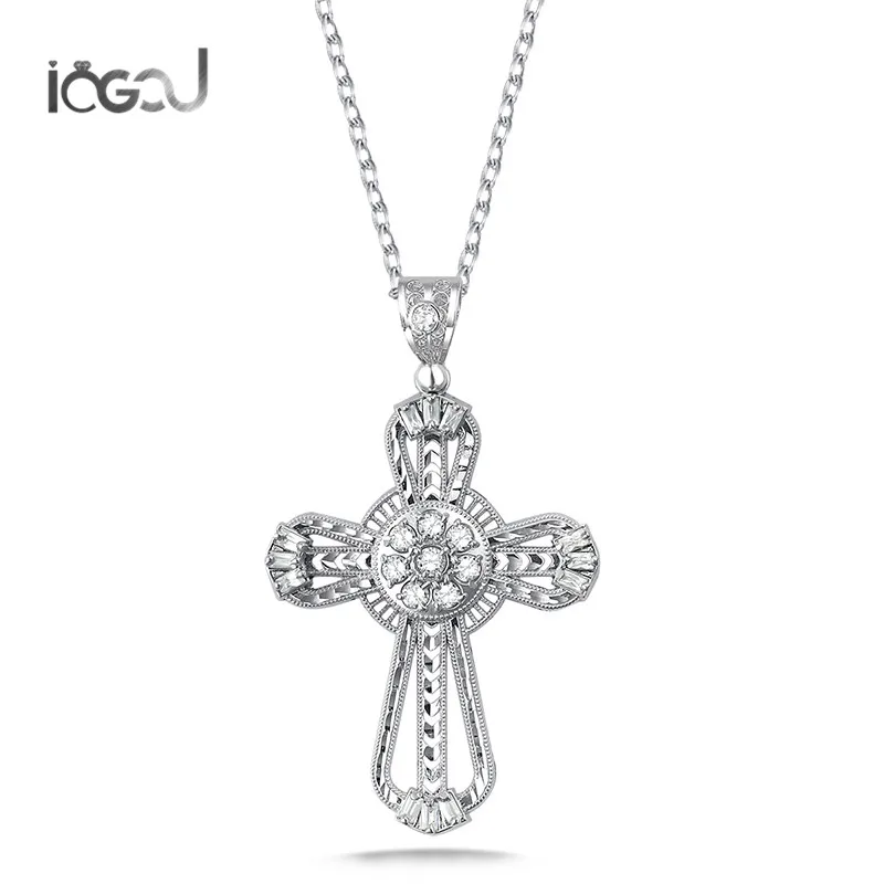 

IOGOU Trendy 925 Sterling Silver Jesus Cross Hip Hop Pendant Crystal Men Women Engagement Charm For Necklace Jewelry Gifts