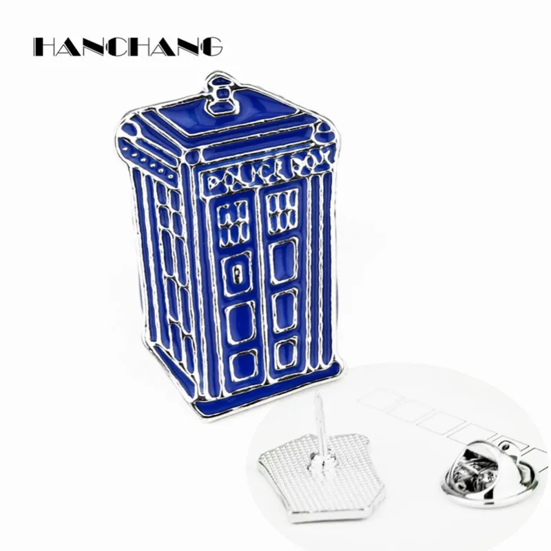 

HANCHANG Accessories Doctor Who Jewelry Flat Blue Enamel Tardis Brooches for Women Man Brooch Pins for Shirt Suit