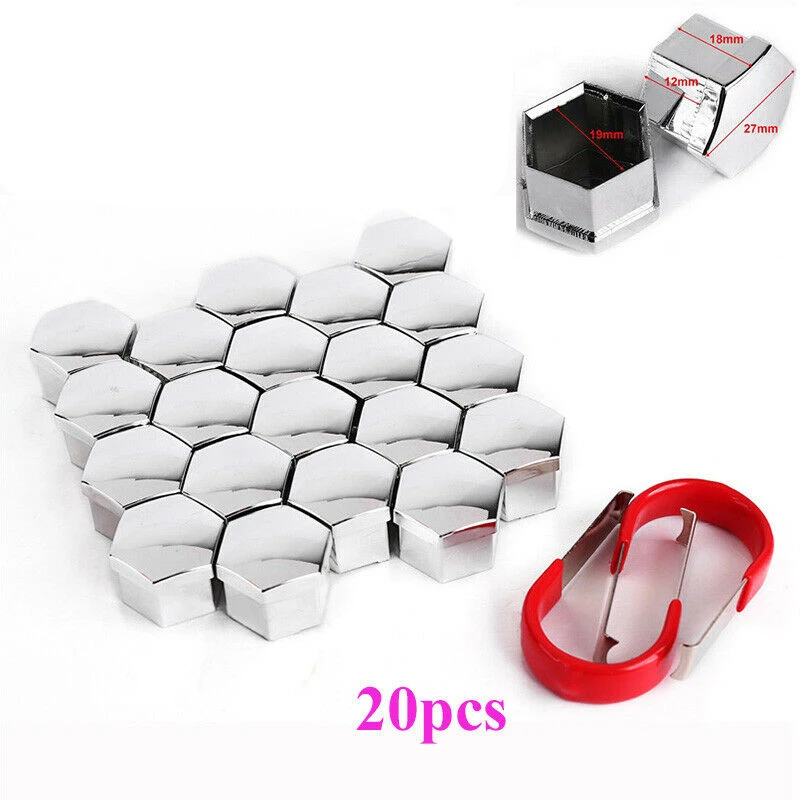 20pcs 19mm Car Alloy Wheel Nut Bolt Covers Caps Chrome Silver + 2pcs Clips Removal Tool