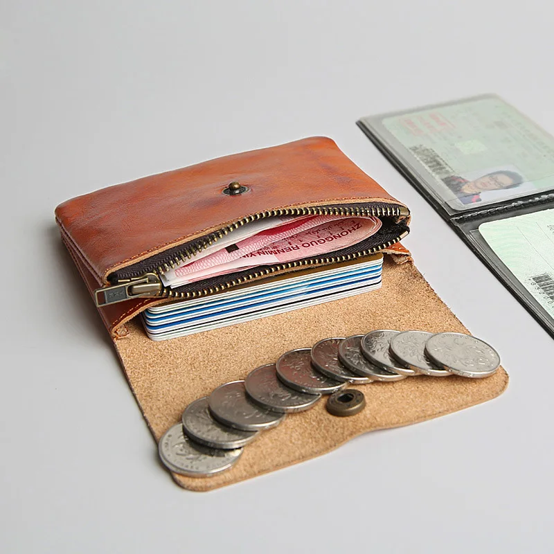 

Handmade Men's Wallets Short Leather Bags Little Wallets Women's Head Cowhin Dolls Mini Coins