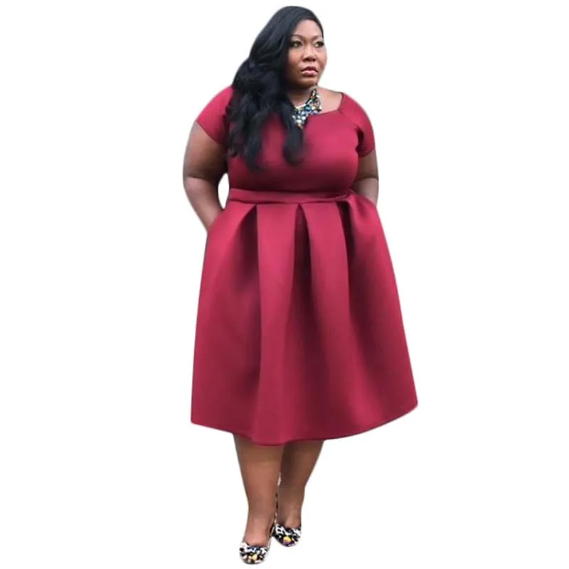 

Africa Clothing Women Solid Color Red Blue Elegant Dress Short Sleeve Ruffle Back Zip Pocket Mid-Calf Length Dress Plus Size