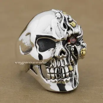 

925 Sterling Silver Red CZ Stone Eye Skull Open Adjustable Size Mens Biker Rocker Punk Ring 8V006 Free Shipping