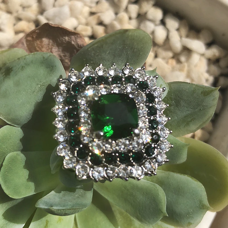Роскошные шикарные инкрустированные кольца, обручальные кольца, зеленое женское циркониевое кольцо, большой квадратный камень, кристалл, серебряный цвет, подарок на день Святого Валентина, O3X313