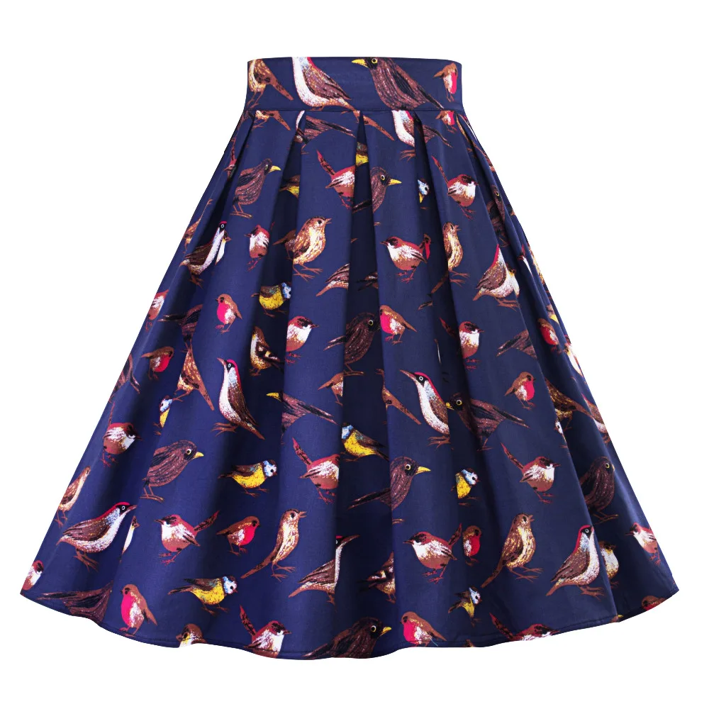 Summer Women Vintage 50s 60s Pleated Skirt Bird Navy Blue Plus Size ...