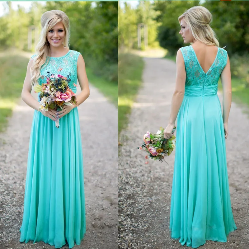 

Scoop Turquoise Lace Bridesmaid Dresses 2019 Elegant Sleeveless Backless Floor Length Chiffon Formal Party Dress For Wedding