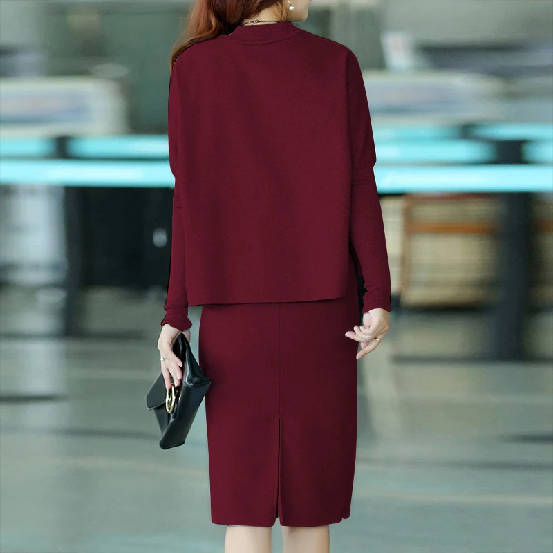 2018 Winter 2 Pieces Dress Set Women Long Sleeve Office Wear Casual Burgundy Pullover Knitted Dresses Clothing Suit