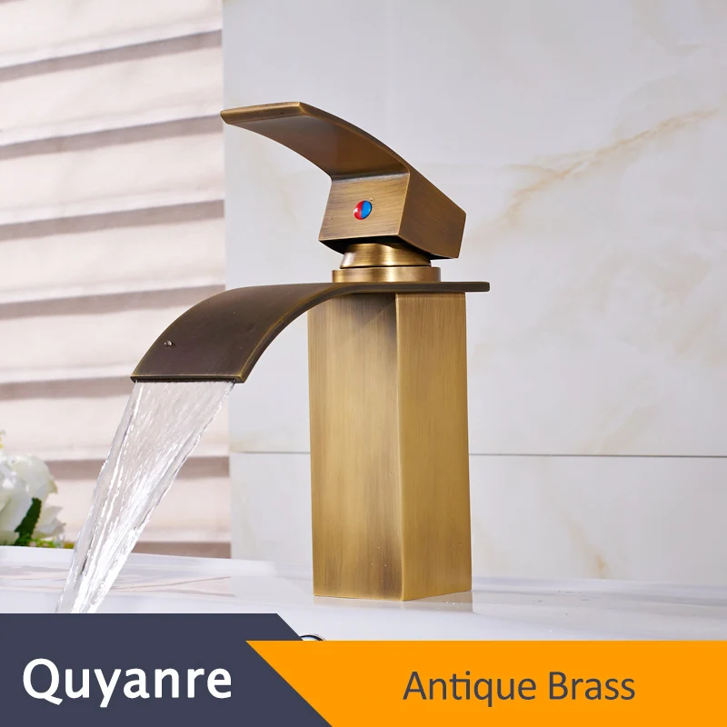 Quyanre, хромированный Водопад, смеситель для раковины, античная латунь, смеситель для раковины, с одной ручкой, смеситель для ванной комнаты, кран для водопада - Цвет: Antique Brass