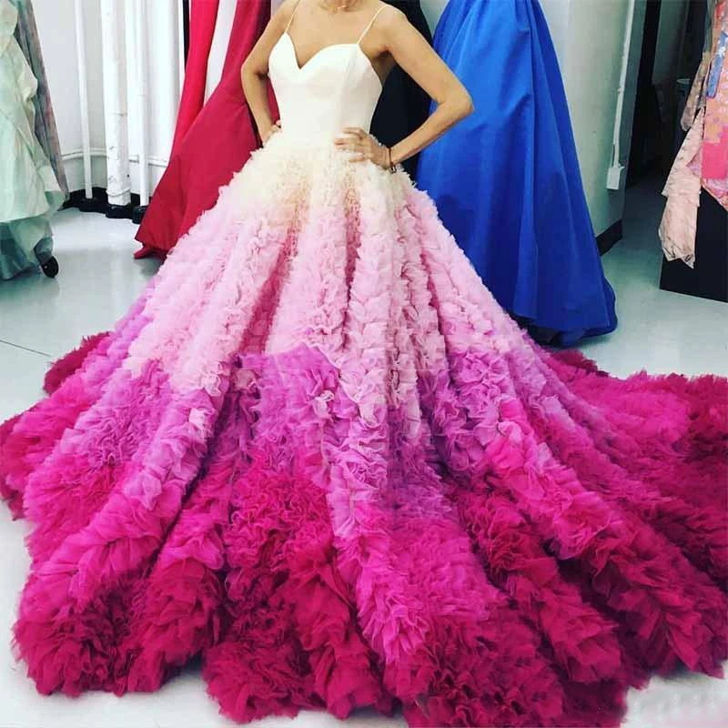 

Luxury Gradient Used Color Long Evening Dress Sexy Spaghetti Puffy Ruffle Chapel Prom Gown Formal Party Dress Vestidos De Festa