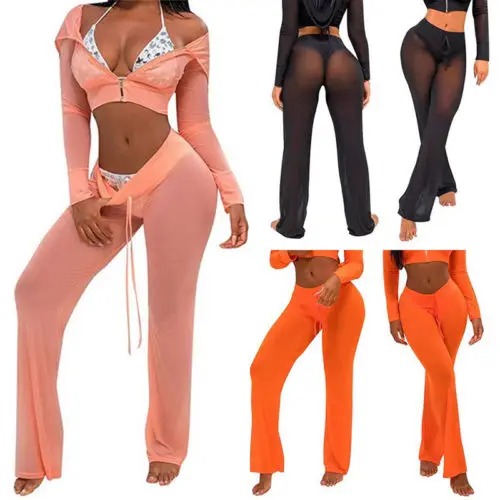 

Solid Womens Beach Mesh Casual Sheer Tulle Loose Trousers Bikini Cover Up Swimwear Transparent Long Pant Trousers