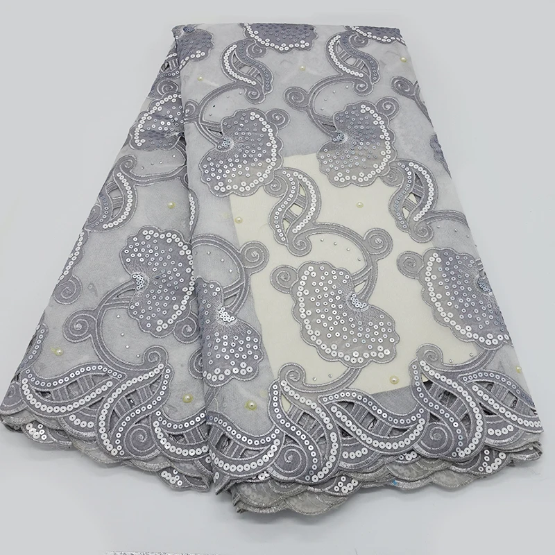 

New Design Gray Organza Lace Fabrics French Mesh Lace Free Shipping Sequins Lace Fabrics African Nigerian Lace for Wedding Party