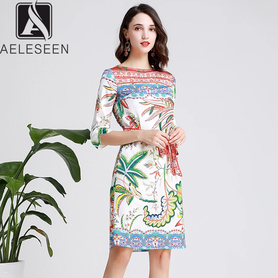 

AELESEEN Holiday Ladies Elegant Dresses Summer 2019 Colorful Leaves Prairie Chic Printed Bow Belt Slash Neck Straight Dress
