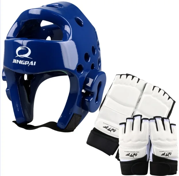 2 Color taekwondo helmet adult male female Pu Leather fighting taekwondo protector 1 set white hand& foot protector