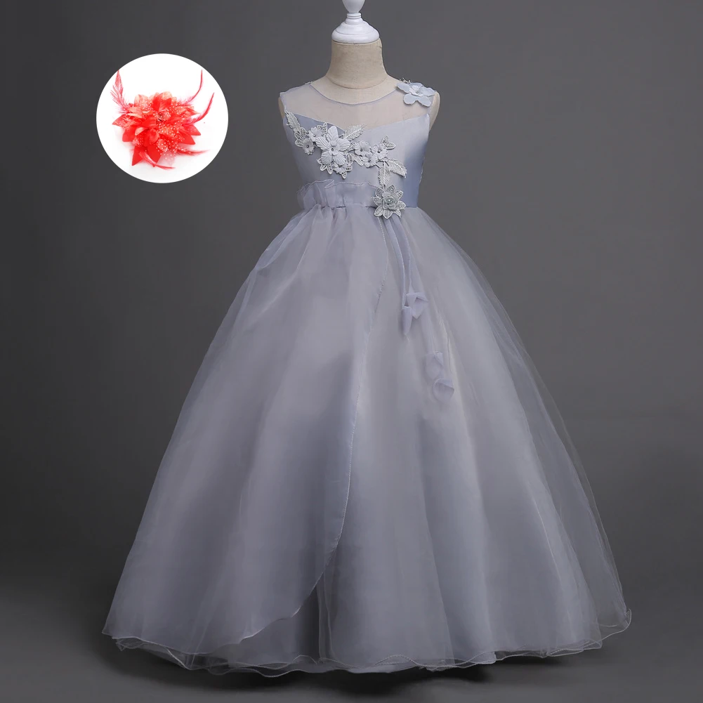 Детское серое вечернее платье с цветочным узором для девочек, для детей от 5 до От 10 до 13 лет, свадебное платье с цветами для девочек, Размер 14 - Цвет: Серый