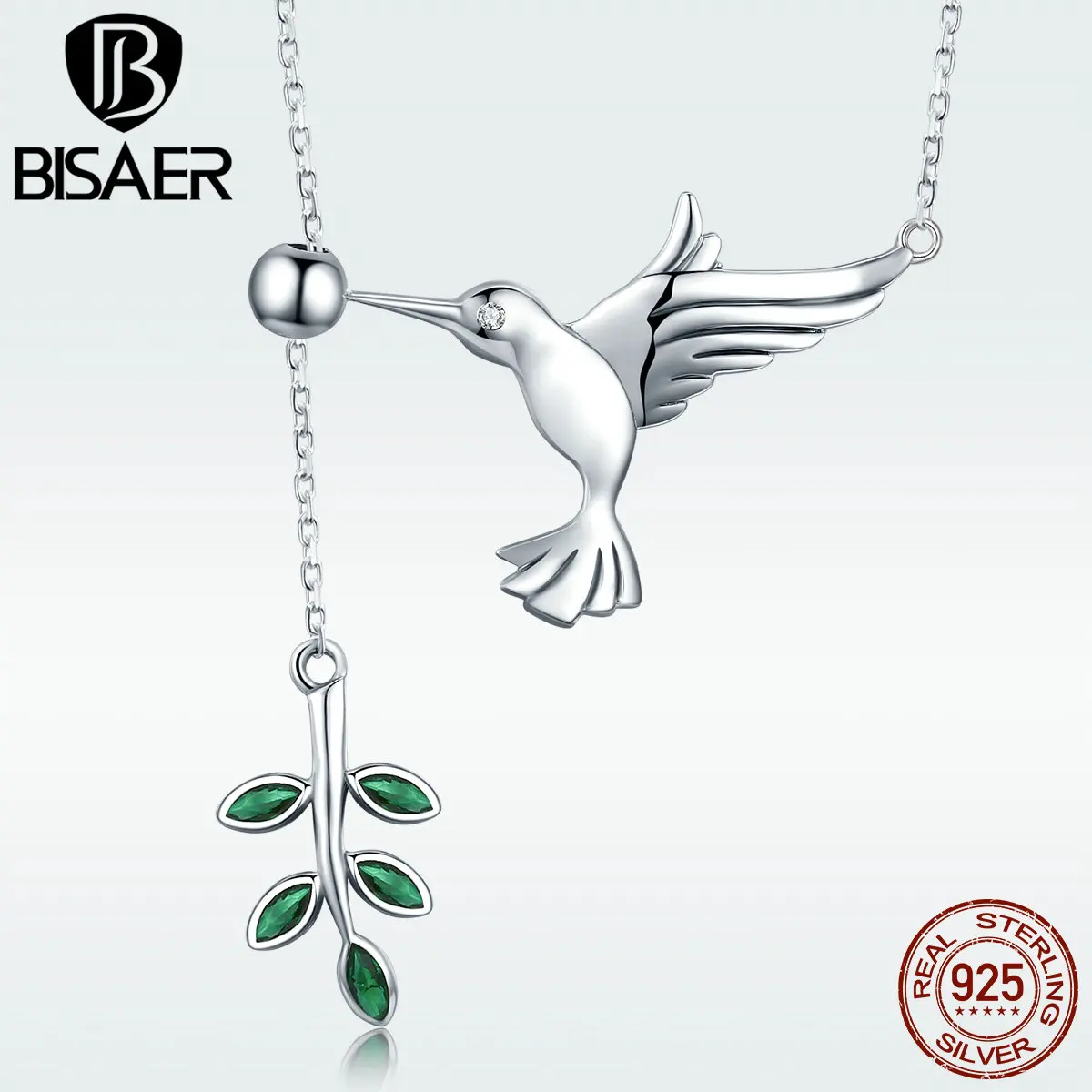 

925 Sterling Silver Migratory Hummingbirds Birds Greetings Green Leaves Pendant Necklaces for Women Sterling Silver Jewelry