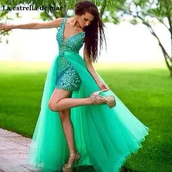 Vestidos formatura2019 Новый сексуальный V образным вырезом Тюль Кристалл Бирюзовый высокий и низкий может быть разобран 2 платье для выпускного веч